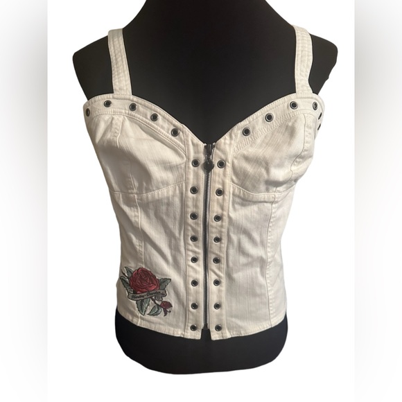 Harley-Davidson Other - Harley Davidson Denim Corset Bustier Top Beige In Color Embroidered Y2K, 2000’s